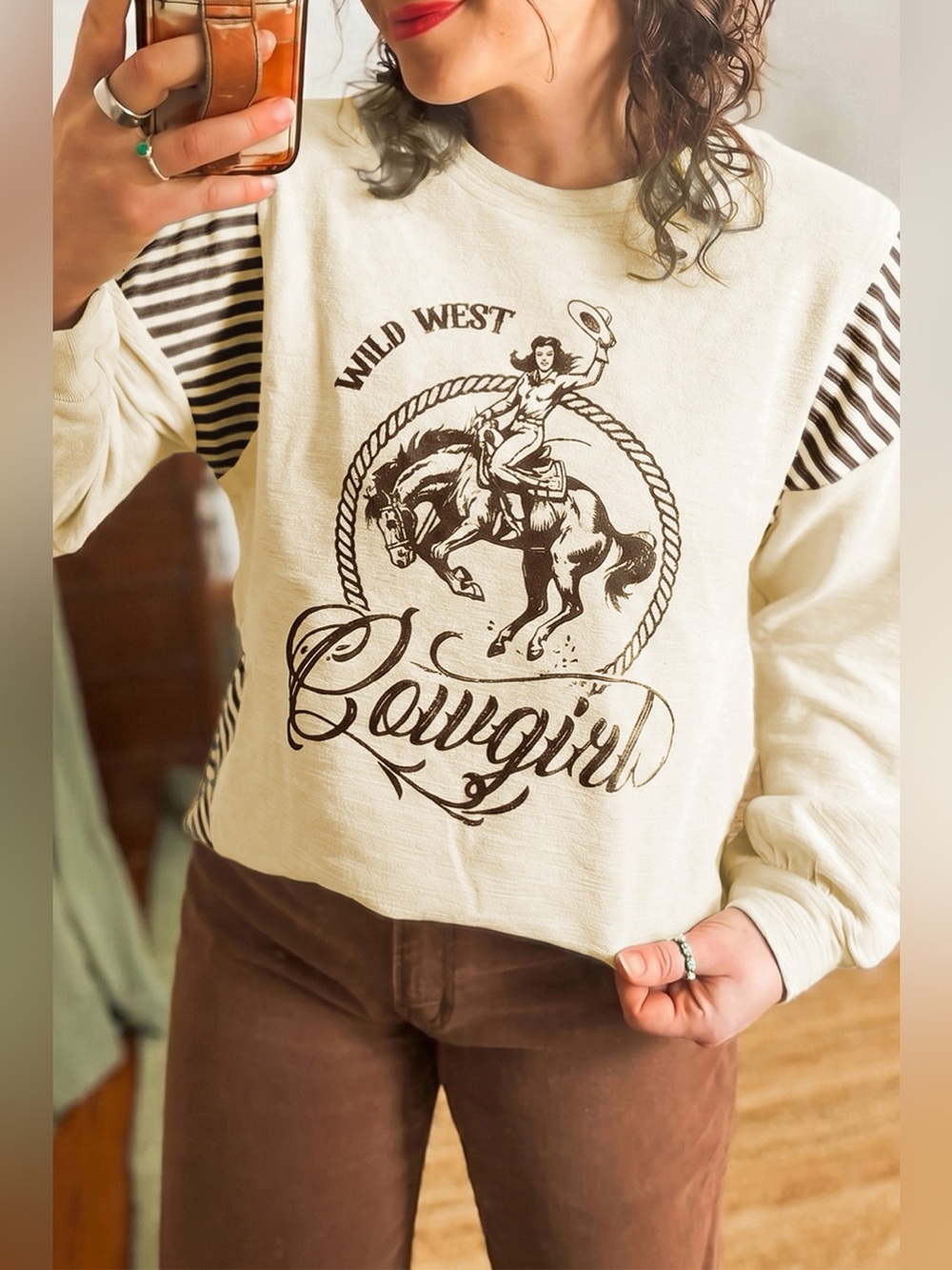 Western Graphic Striped Detail Long Sleeve Casual Top
